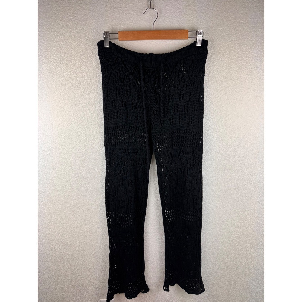 Black Crochet Knit Wide Leg Pants Cover Up Drawstring‎ Beach Boho Size M Resort